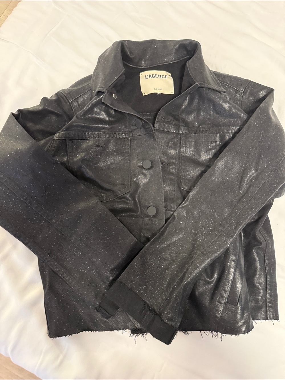 L'AGENCE Black Glitter Trucker Jean Jacket